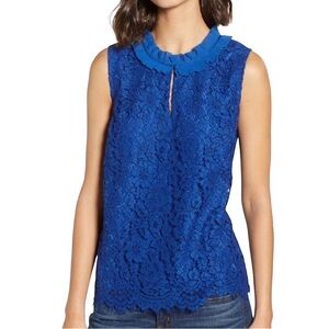 J. Crew Lace Top Ruffle Neck Cobalt Blue Sleeveless Blouse Size MP